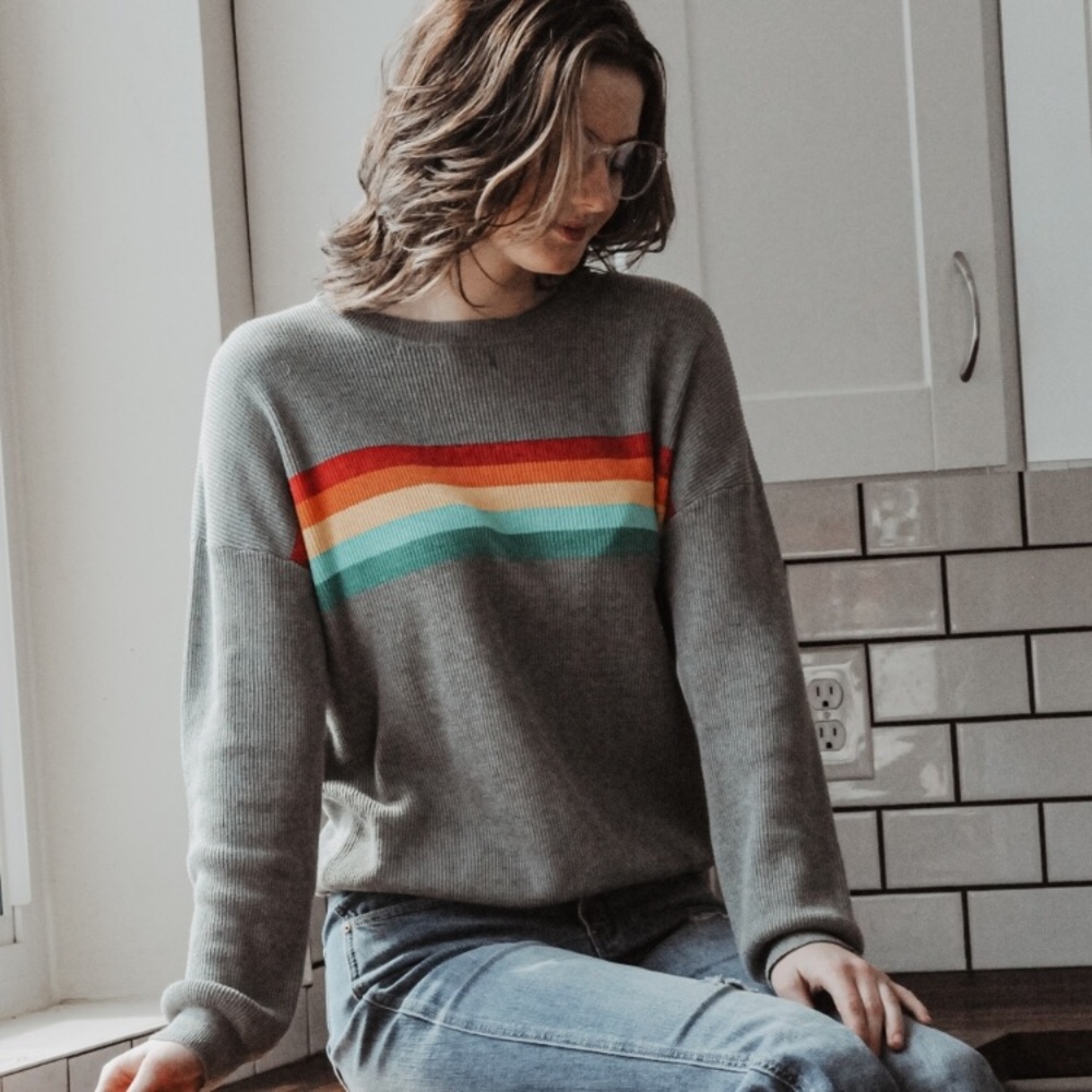 LAST ONE Gray Rainbow Stripe Sweater - Picture 2 of 7